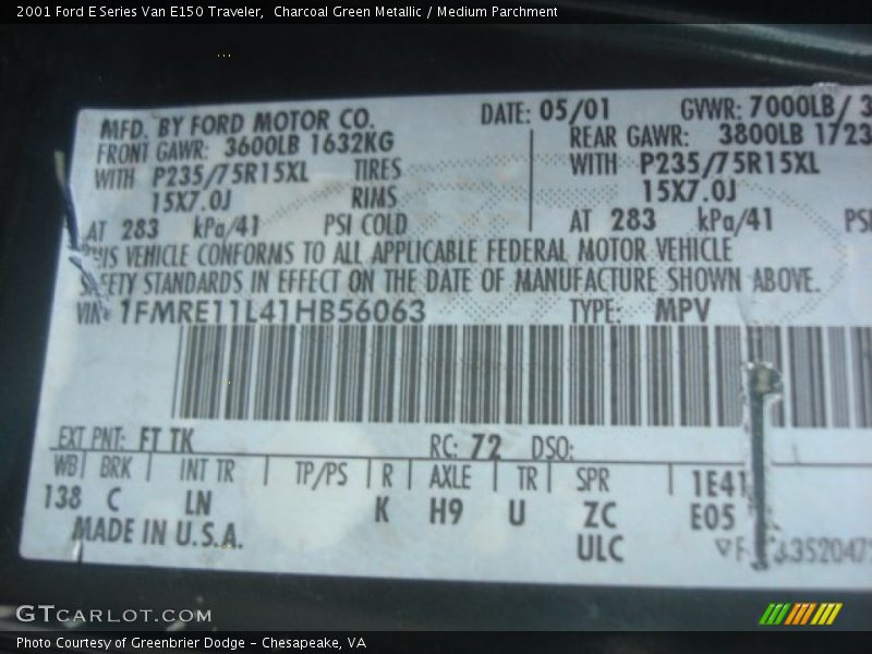 2001 E Series Van E150 Traveler Charcoal Green Metallic Color Code FT