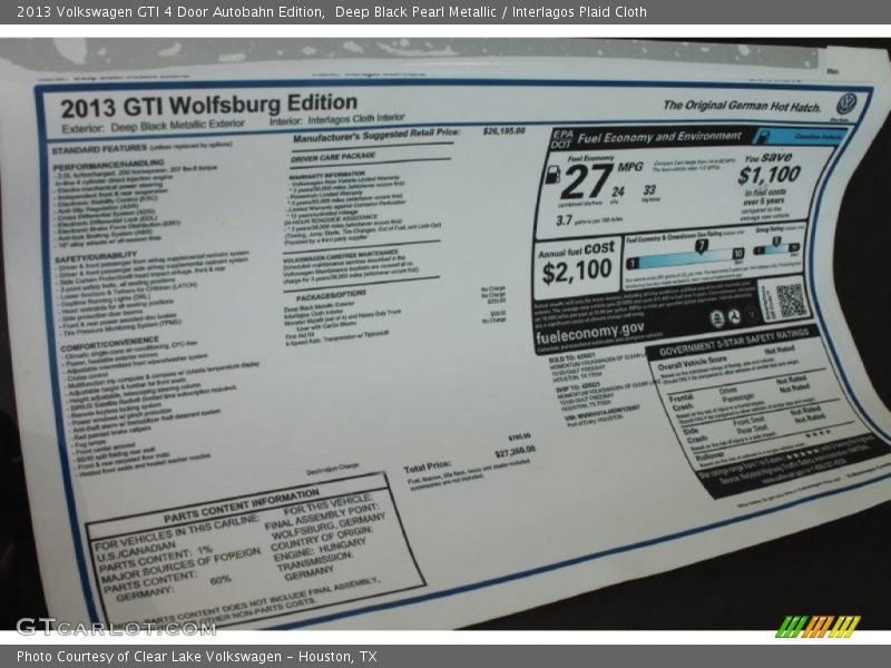 Deep Black Pearl Metallic / Interlagos Plaid Cloth 2013 Volkswagen GTI 4 Door Autobahn Edition