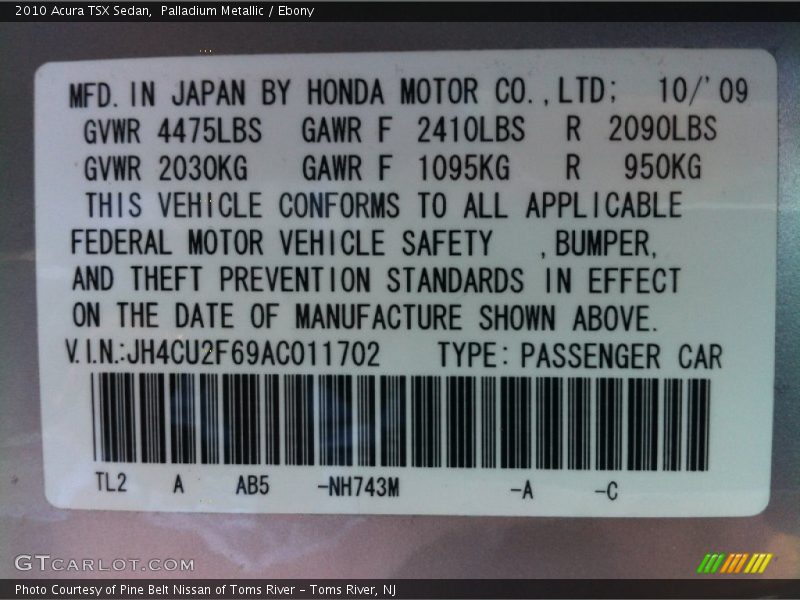 Palladium Metallic / Ebony 2010 Acura TSX Sedan