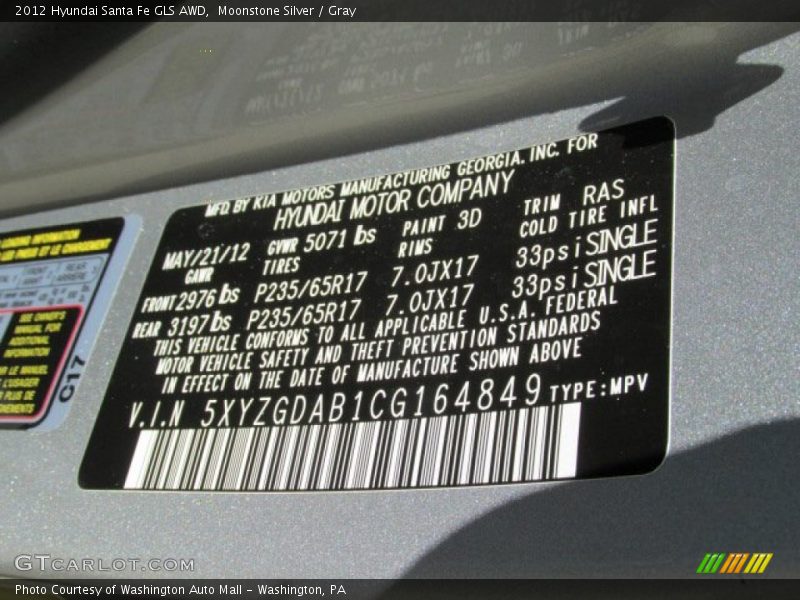 Moonstone Silver / Gray 2012 Hyundai Santa Fe GLS AWD