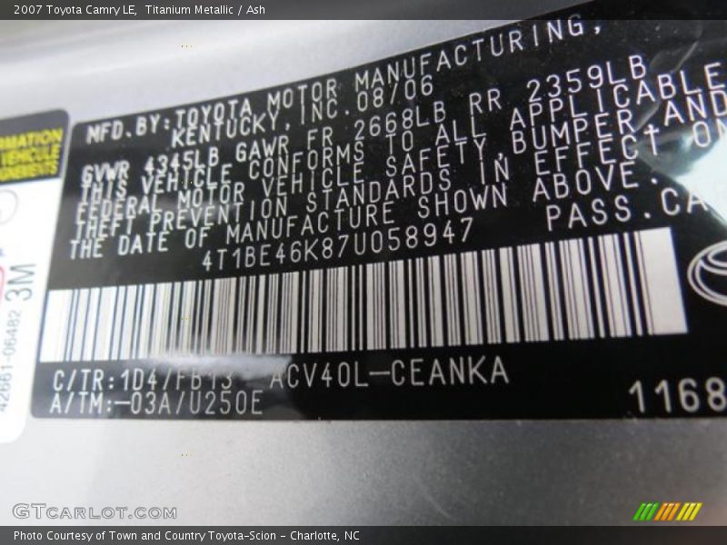 Titanium Metallic / Ash 2007 Toyota Camry LE