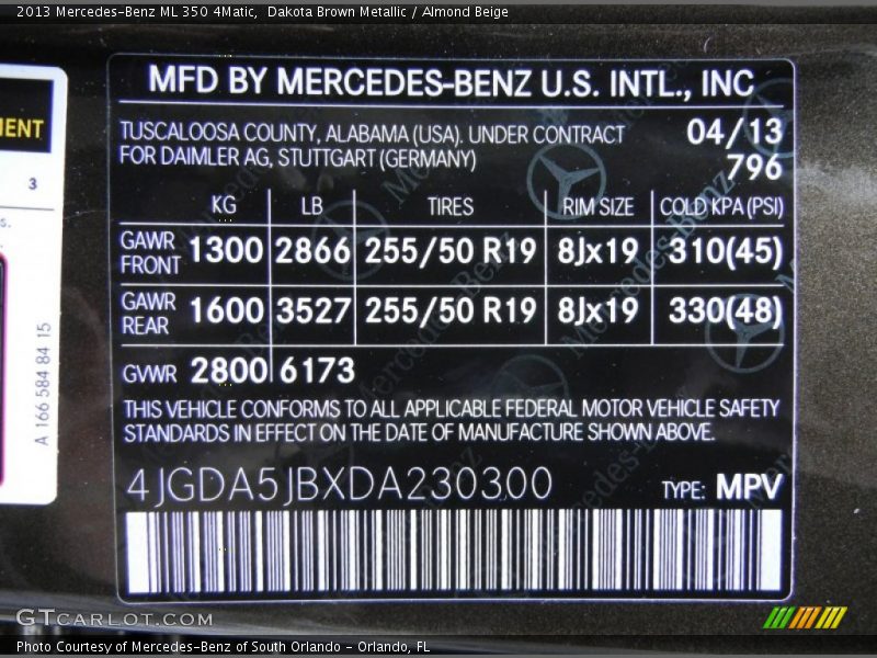2013 ML 350 4Matic Dakota Brown Metallic Color Code 796