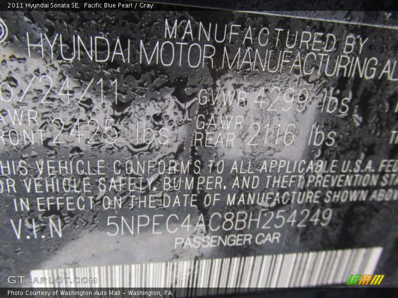 Pacific Blue Pearl / Gray 2011 Hyundai Sonata SE