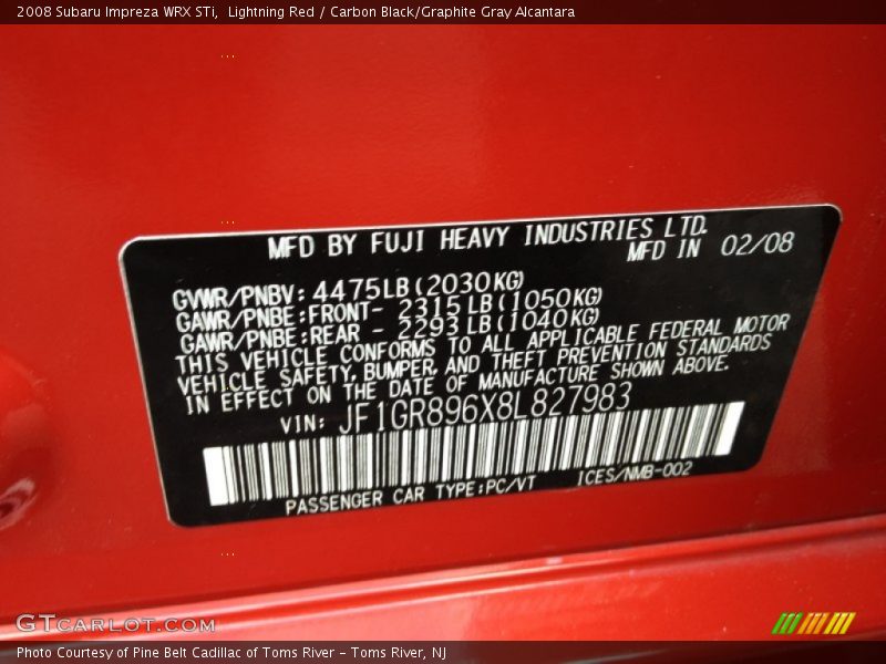 Info Tag of 2008 Impreza WRX STi