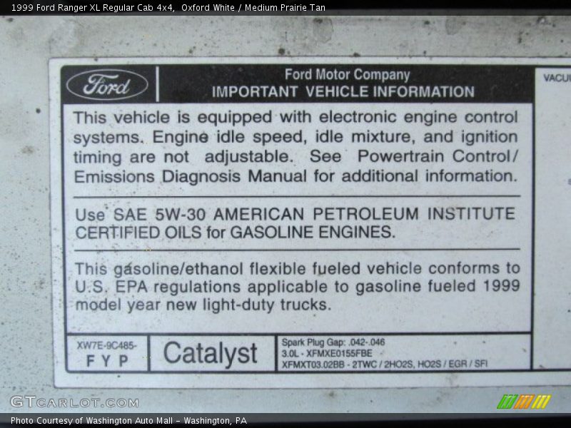 Info Tag of 1999 Ranger XL Regular Cab 4x4