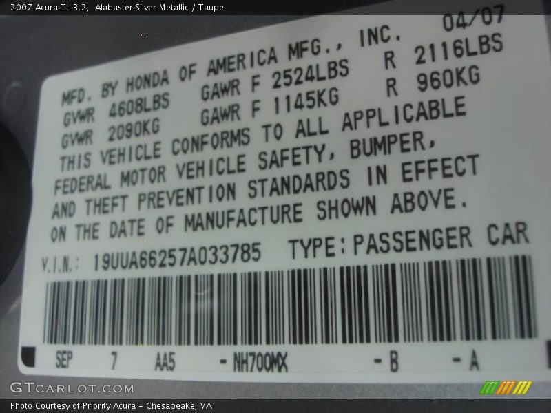 Alabaster Silver Metallic / Taupe 2007 Acura TL 3.2