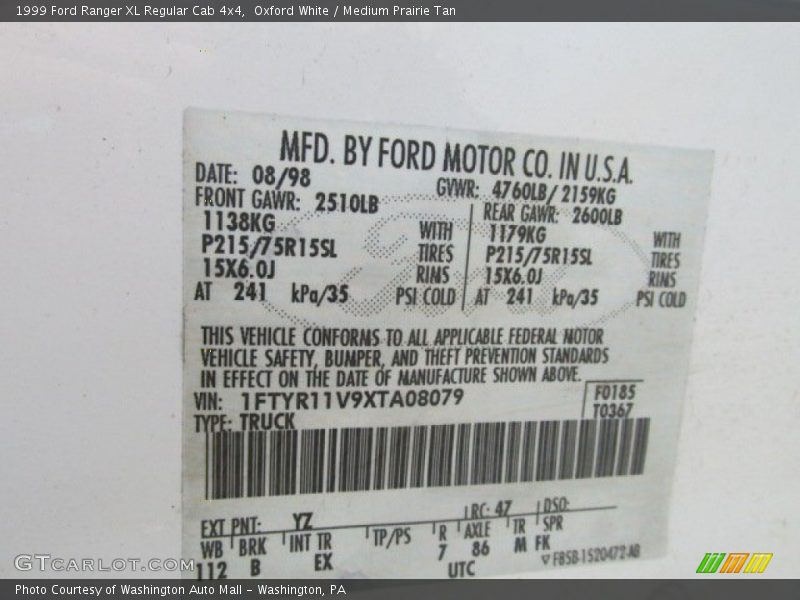 1999 Ranger XL Regular Cab 4x4 Oxford White Color Code YZ