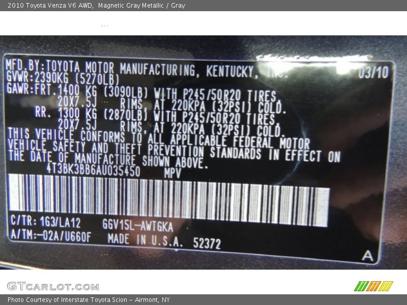 Magnetic Gray Metallic / Gray 2010 Toyota Venza V6 AWD