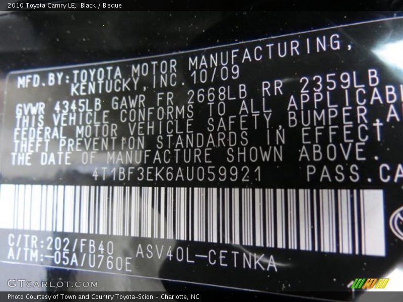 Black / Bisque 2010 Toyota Camry LE