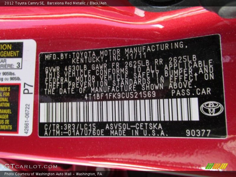 Barcelona Red Metallic / Black/Ash 2012 Toyota Camry SE