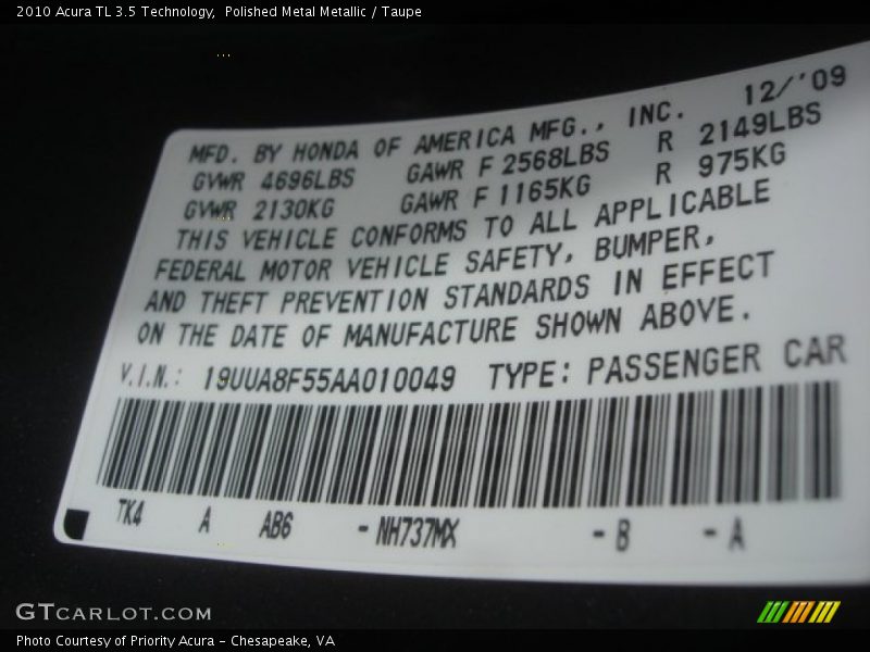 Polished Metal Metallic / Taupe 2010 Acura TL 3.5 Technology