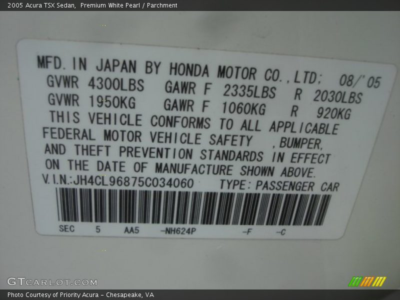 2005 TSX Sedan Premium White Pearl Color Code NH624P