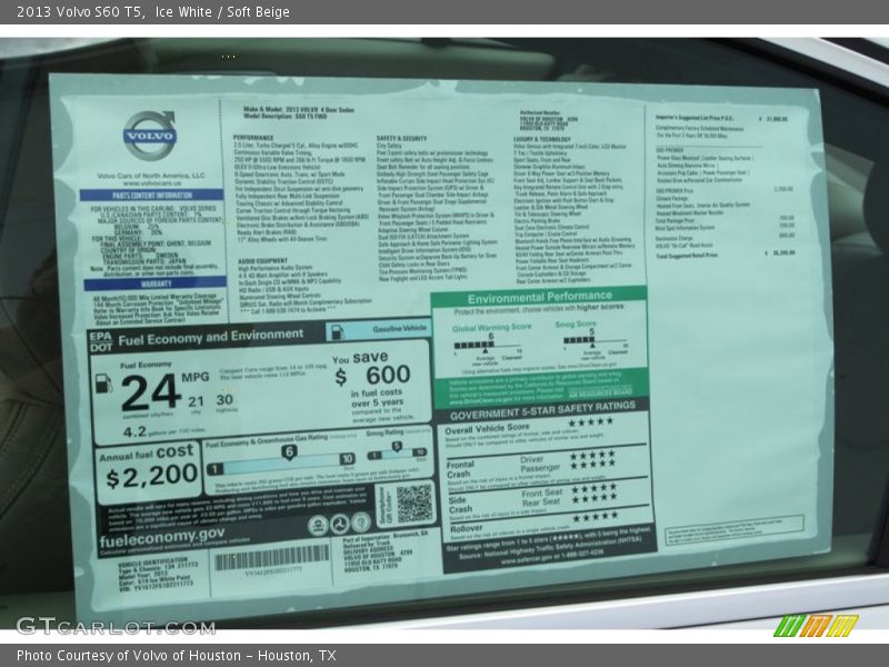  2013 S60 T5 Window Sticker