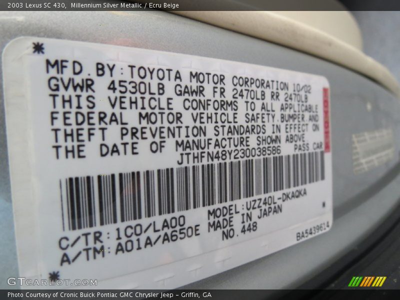2003 SC 430 Millennium Silver Metallic Color Code 1C0