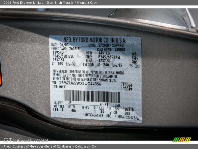 2003 Explorer Limited Silver Birch Metallic Color Code JP