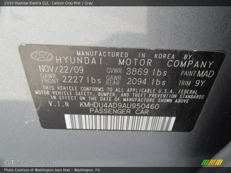 Carbon Gray Mist / Gray 2010 Hyundai Elantra GLS
