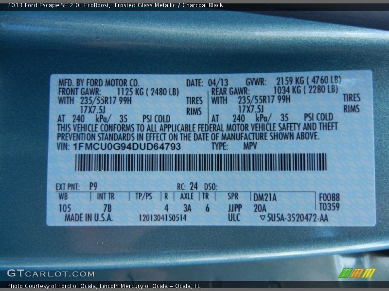 2013 Escape SE 2.0L EcoBoost Frosted Glass Metallic Color Code P9