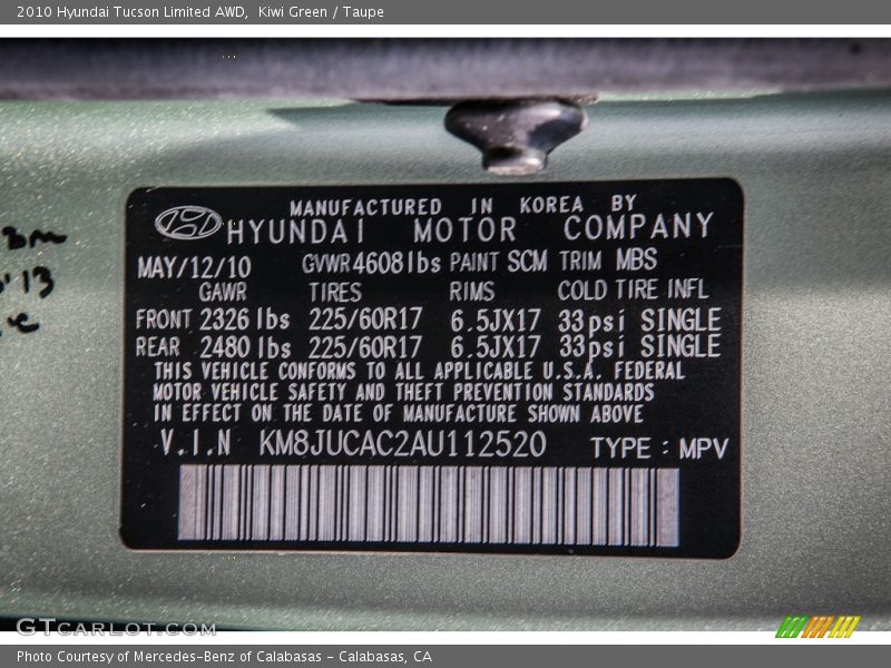 2010 Tucson Limited AWD Kiwi Green Color Code SCM