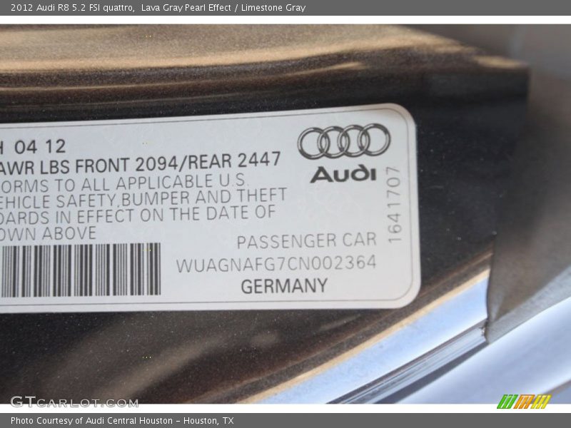 Lava Gray Pearl Effect / Limestone Gray 2012 Audi R8 5.2 FSI quattro