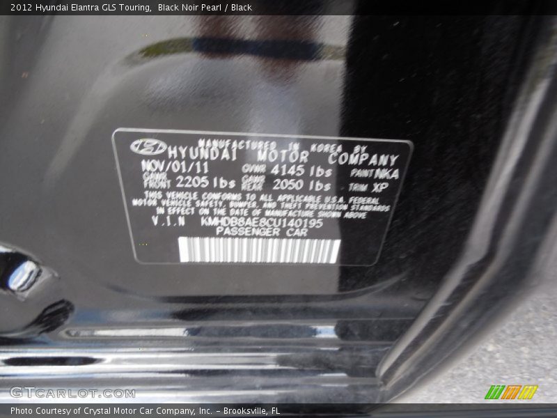Black Noir Pearl / Black 2012 Hyundai Elantra GLS Touring