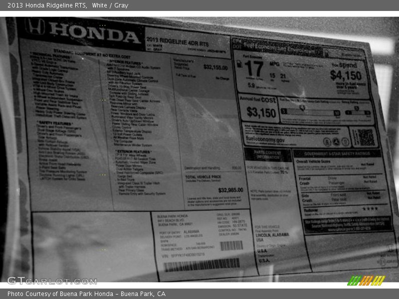  2013 Ridgeline RTS Window Sticker