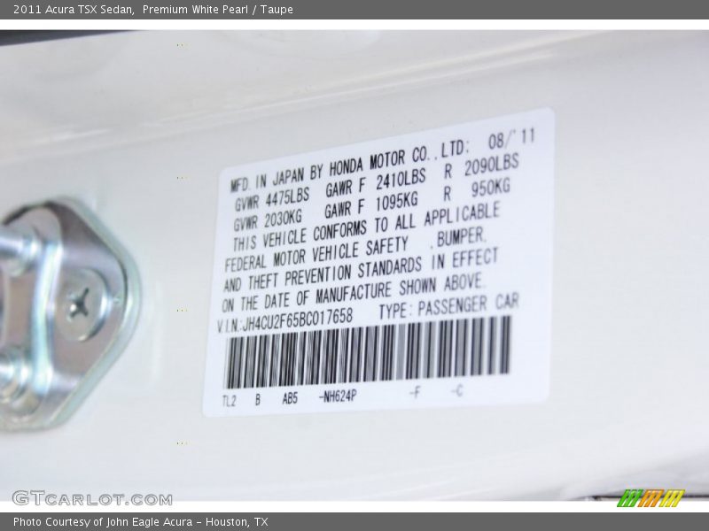 Premium White Pearl / Taupe 2011 Acura TSX Sedan