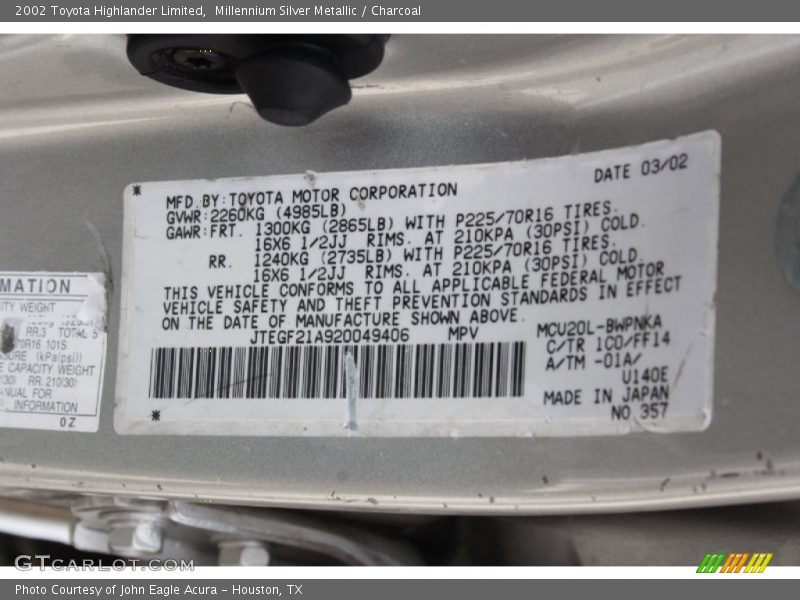 Millennium Silver Metallic / Charcoal 2002 Toyota Highlander Limited
