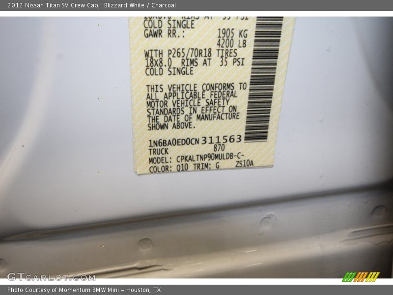 Blizzard White / Charcoal 2012 Nissan Titan SV Crew Cab