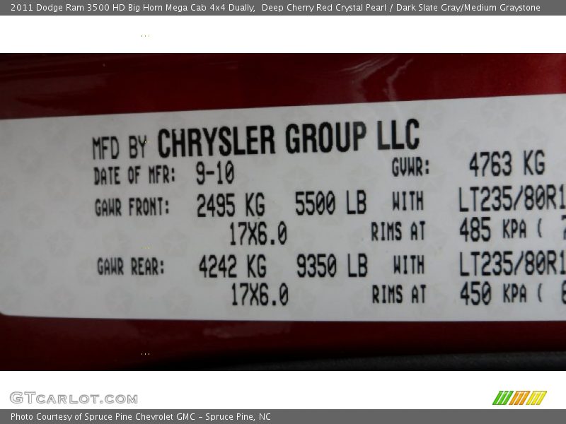 Info Tag of 2011 Ram 3500 HD Big Horn Mega Cab 4x4 Dually