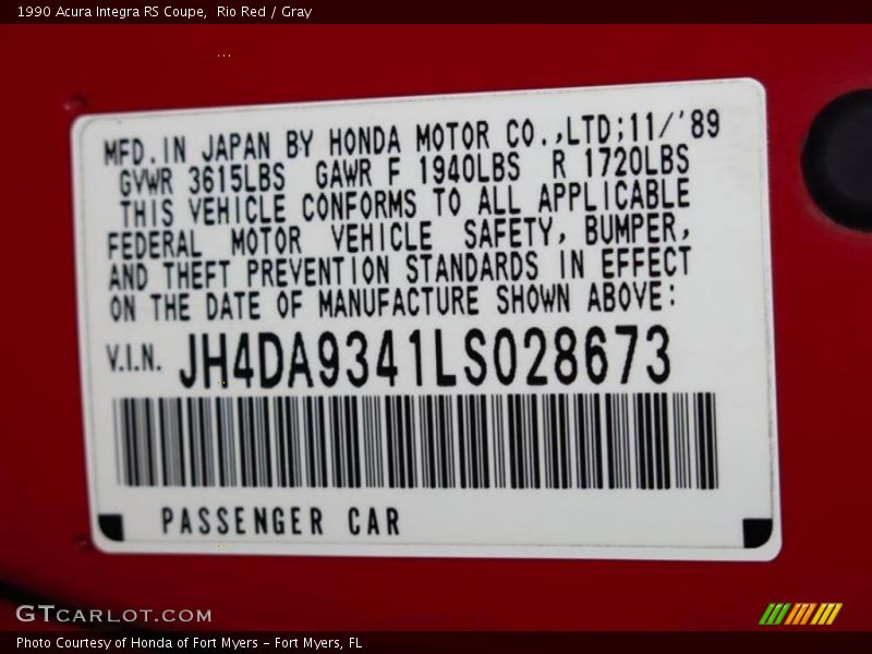 Info Tag of 1990 Integra RS Coupe