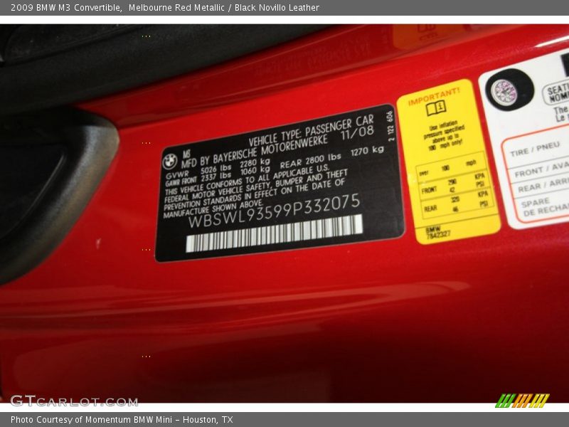 Info Tag of 2009 M3 Convertible