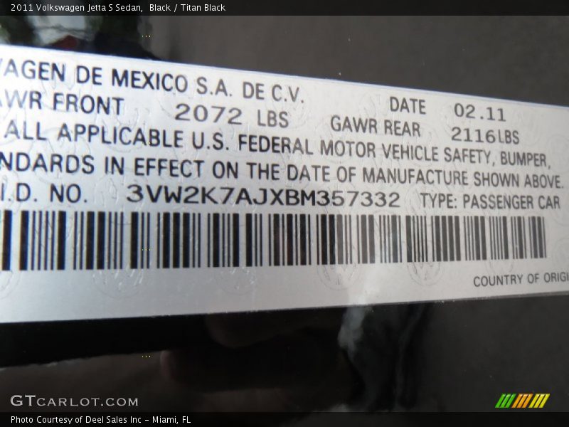 Black / Titan Black 2011 Volkswagen Jetta S Sedan