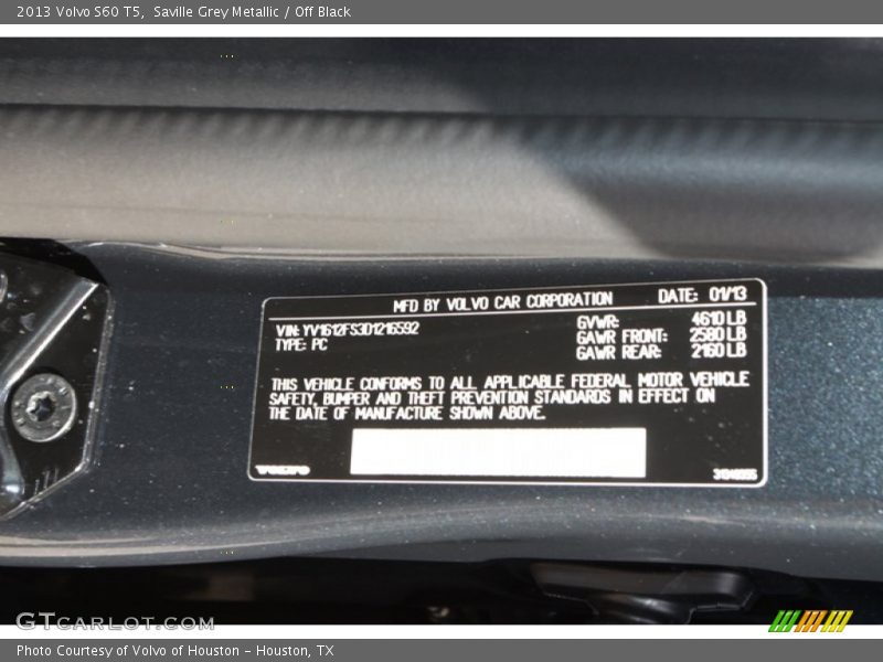 Saville Grey Metallic / Off Black 2013 Volvo S60 T5