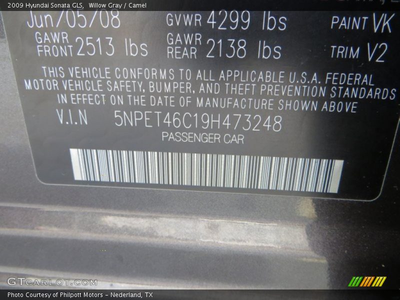 Willow Gray / Camel 2009 Hyundai Sonata GLS
