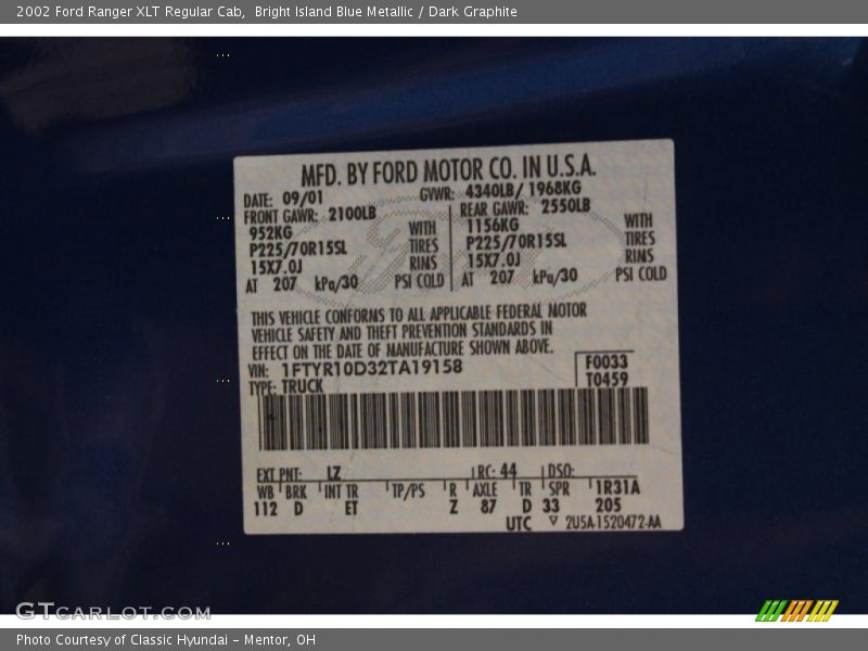Bright Island Blue Metallic / Dark Graphite 2002 Ford Ranger XLT Regular Cab