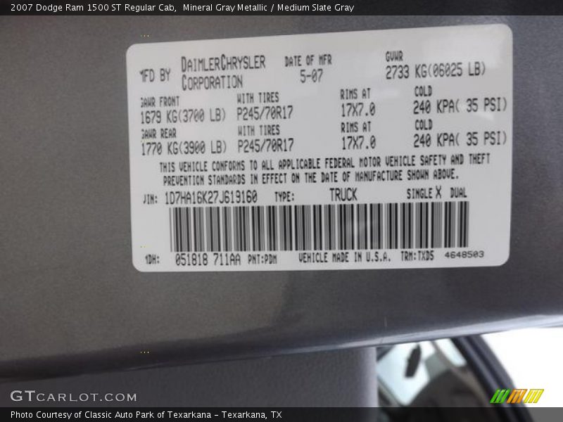 Mineral Gray Metallic / Medium Slate Gray 2007 Dodge Ram 1500 ST Regular Cab