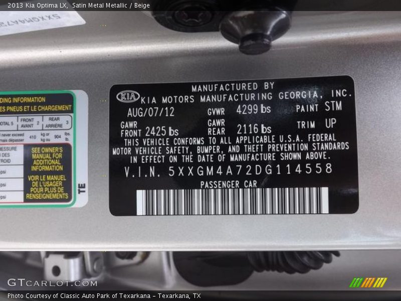 Satin Metal Metallic / Beige 2013 Kia Optima LX