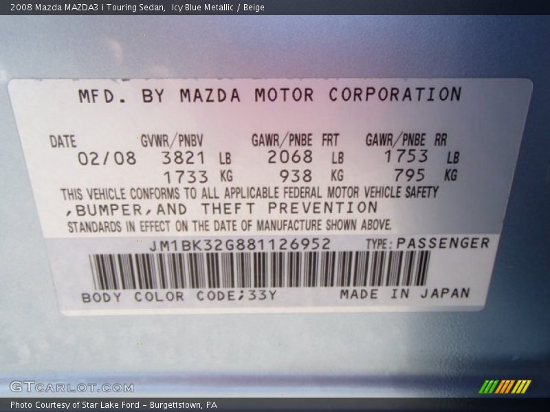 2008 MAZDA3 i Touring Sedan Icy Blue Metallic Color Code 33Y