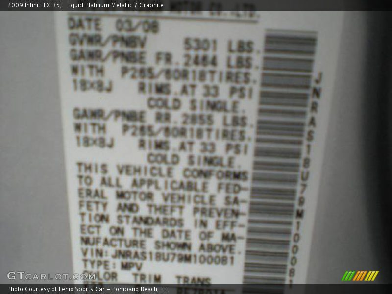 Liquid Platinum Metallic / Graphite 2009 Infiniti FX 35