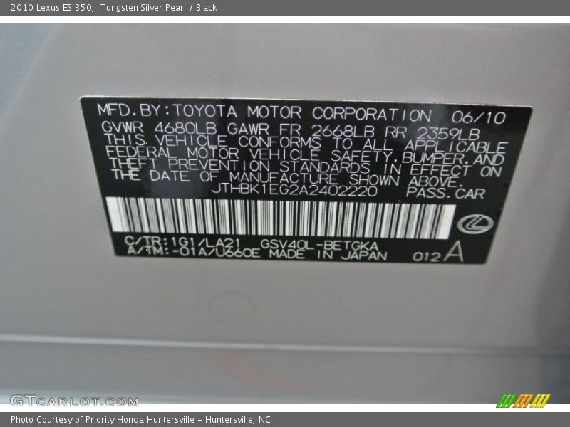 Tungsten Silver Pearl / Black 2010 Lexus ES 350