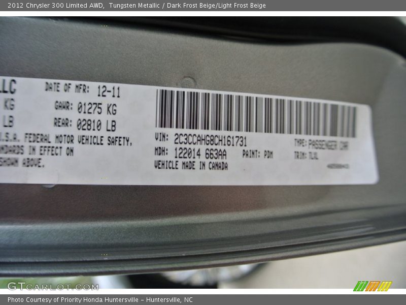 2012 300 Limited AWD Tungsten Metallic Color Code PDM