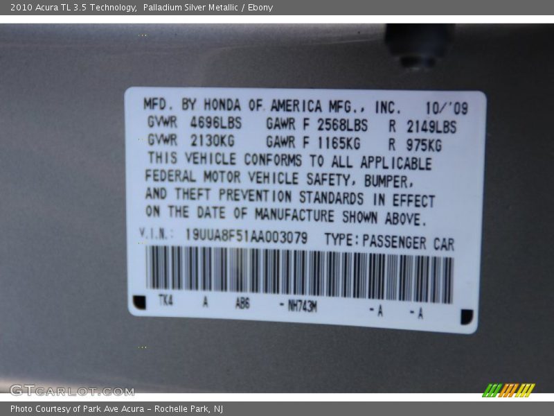 Palladium Silver Metallic / Ebony 2010 Acura TL 3.5 Technology