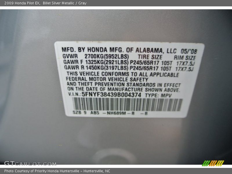 Billet Silver Metallic / Gray 2009 Honda Pilot EX