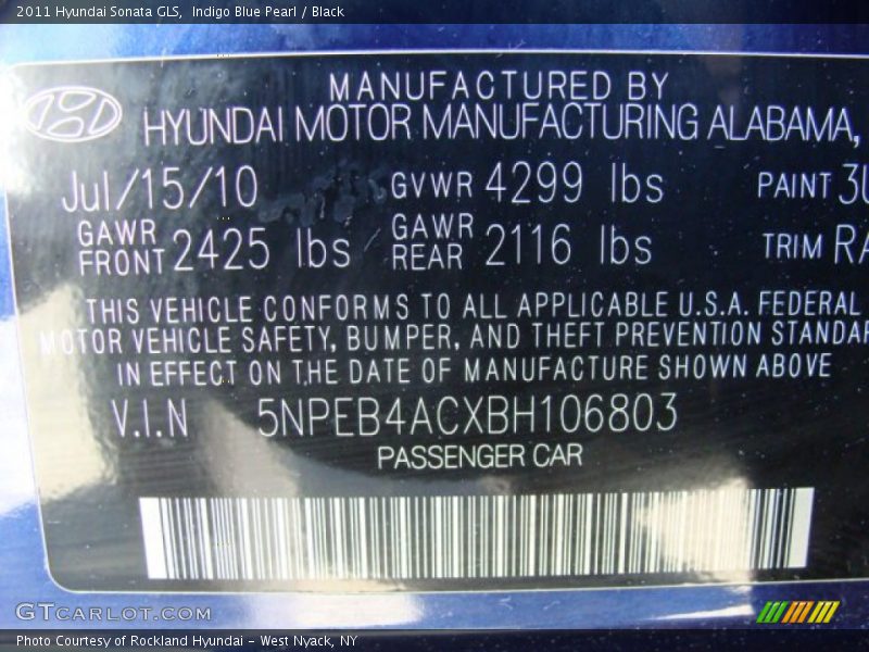 Indigo Blue Pearl / Black 2011 Hyundai Sonata GLS