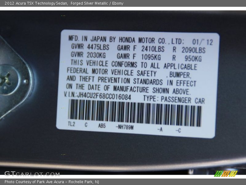 Forged Silver Metallic / Ebony 2012 Acura TSX Technology Sedan