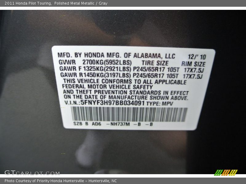 Polished Metal Metallic / Gray 2011 Honda Pilot Touring