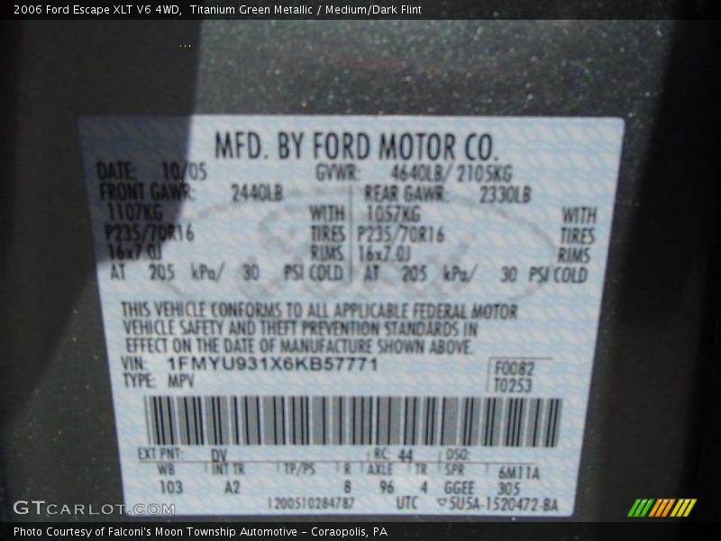 Titanium Green Metallic / Medium/Dark Flint 2006 Ford Escape XLT V6 4WD