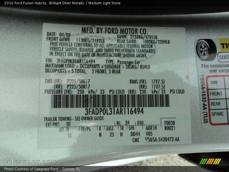 Brilliant Silver Metallic / Medium Light Stone 2010 Ford Fusion Hybrid