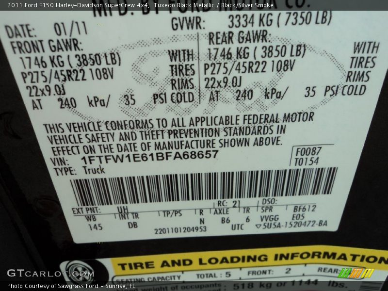 2011 F150 Harley-Davidson SuperCrew 4x4 Tuxedo Black Metallic Color Code UH