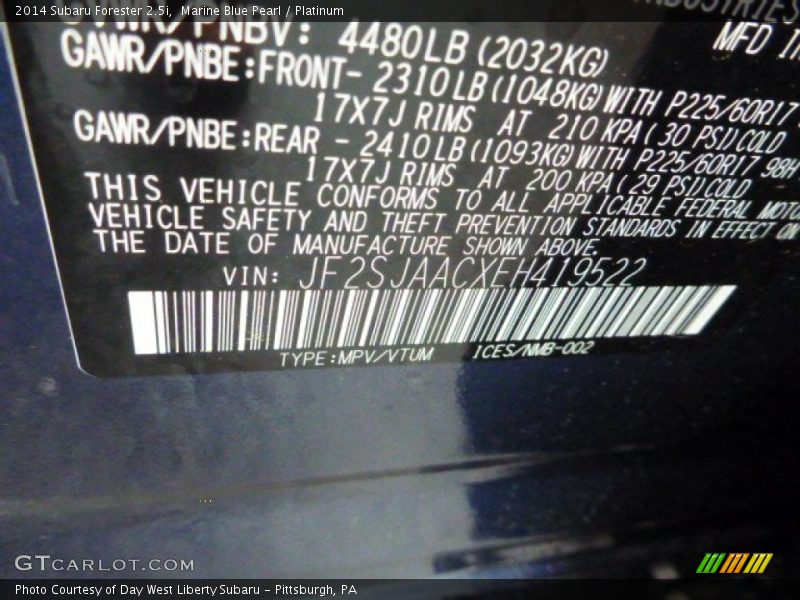 Marine Blue Pearl / Platinum 2014 Subaru Forester 2.5i